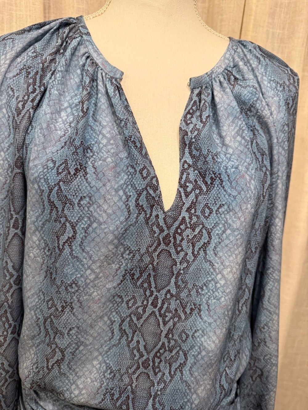 Ramy Brook Silk Snake Print Mini Dress Blue Gray Long Sleeve Ruched Waist - Picture 10 of 16